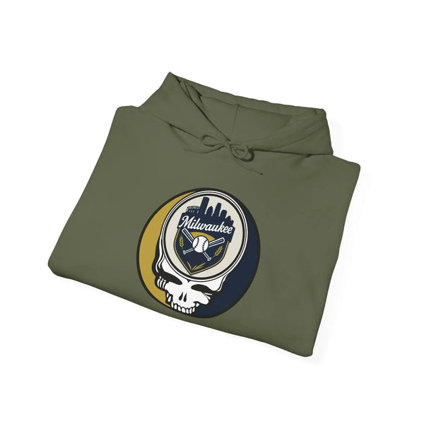 Military green hoodie with front hood and drawstring, featuring Milwaukee logo graphic.