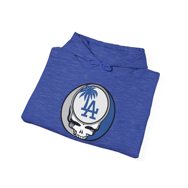 Los Angeles Dodgers blue hoodie with front Stealie LA emblem and hood drawstring