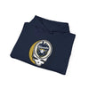 Navy hoodie with front hood and drawstring, featuring Milwaukee logo graphic.