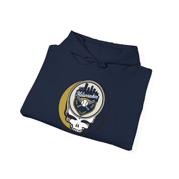 Navy hoodie with front hood and drawstring, featuring Milwaukee logo graphic.