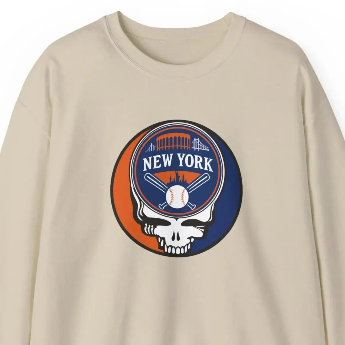 Sand crewneck sweatshirt with circular New York graphic logo on chest.