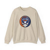 Light sand crewneck sweatshirt with circular New York logo graphic, long sleeves.