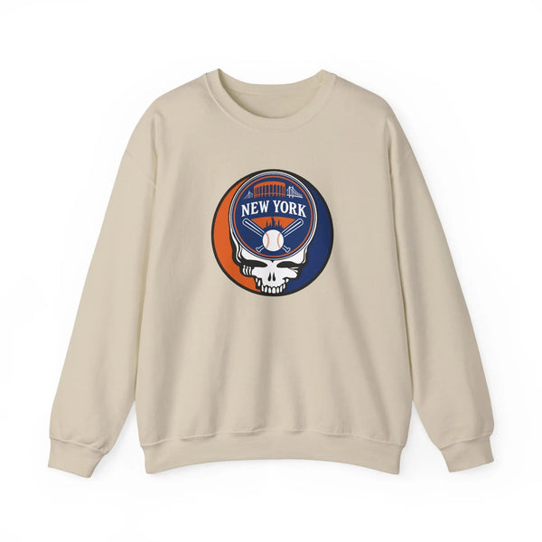 Light sand crewneck sweatshirt with circular New York logo graphic, long sleeves.