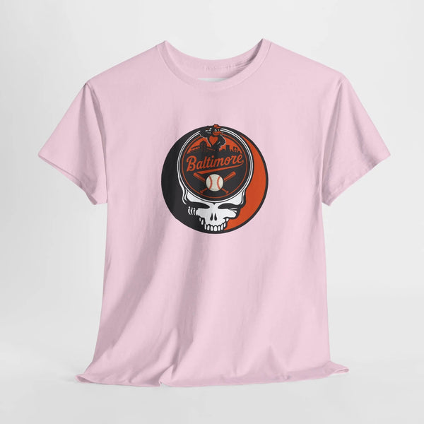 Pink graphic T-shirt with round Stealie skull Baltimore Orioles logo