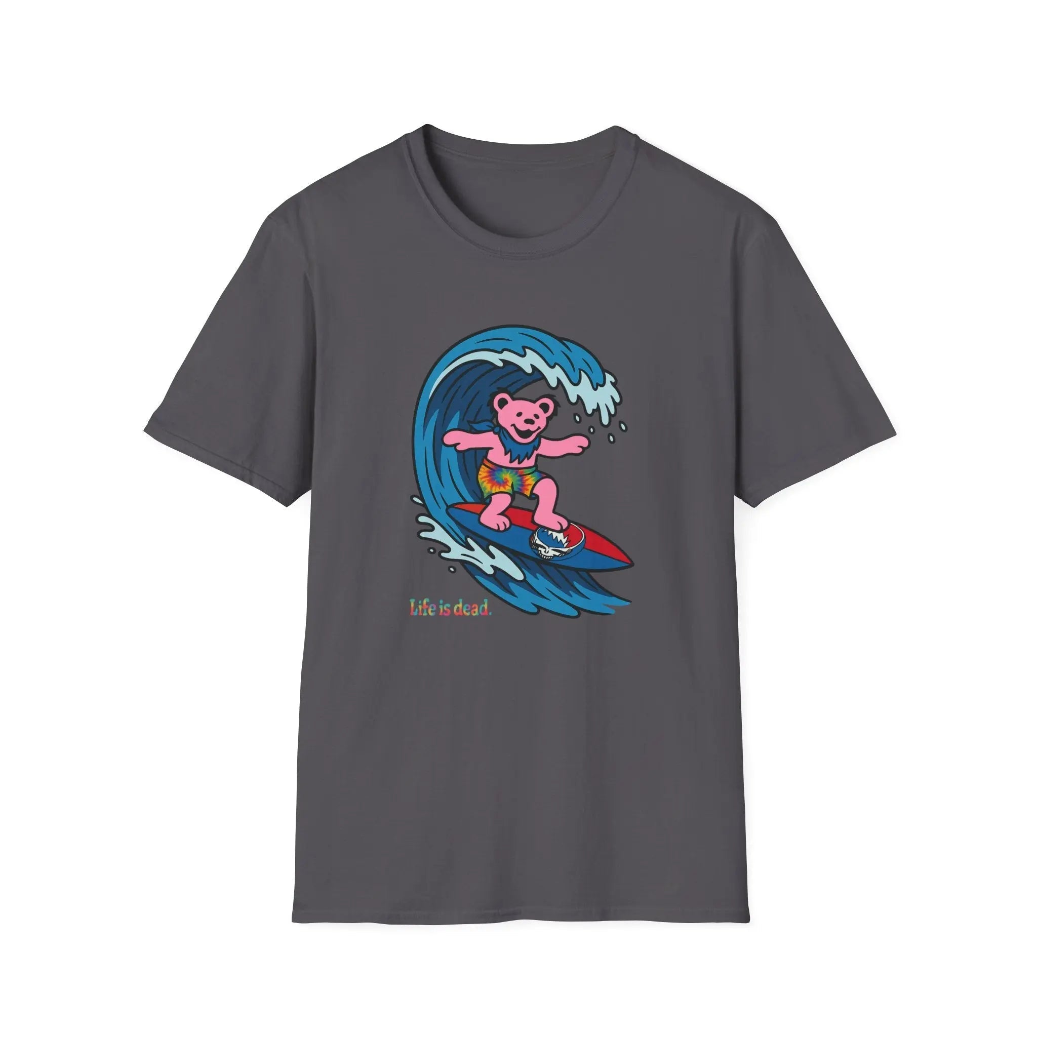 Charcoal gray T-shirt with pink bear surfing wave graphic and “Life is dead” text