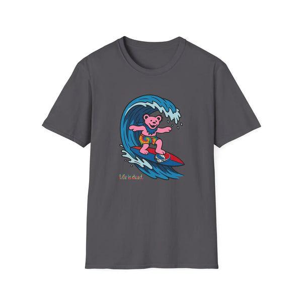 Charcoal gray T-shirt with pink bear surfing wave graphic and “Life is dead” text