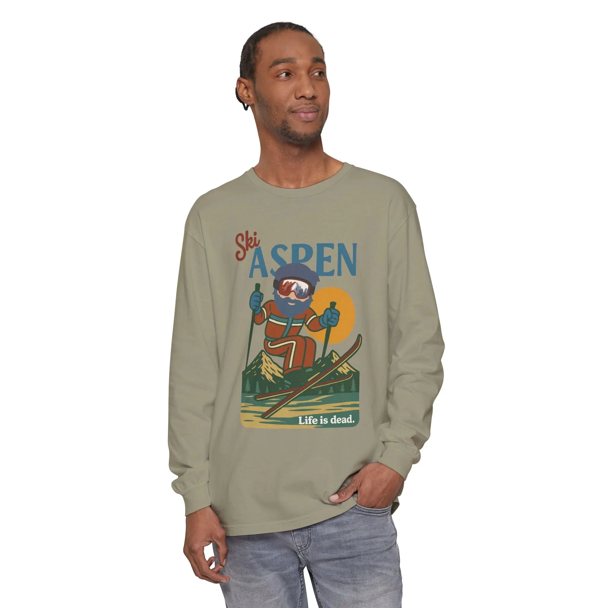 Men's olive long-sleeve crewneck T-shirt with ski graphic print on chest