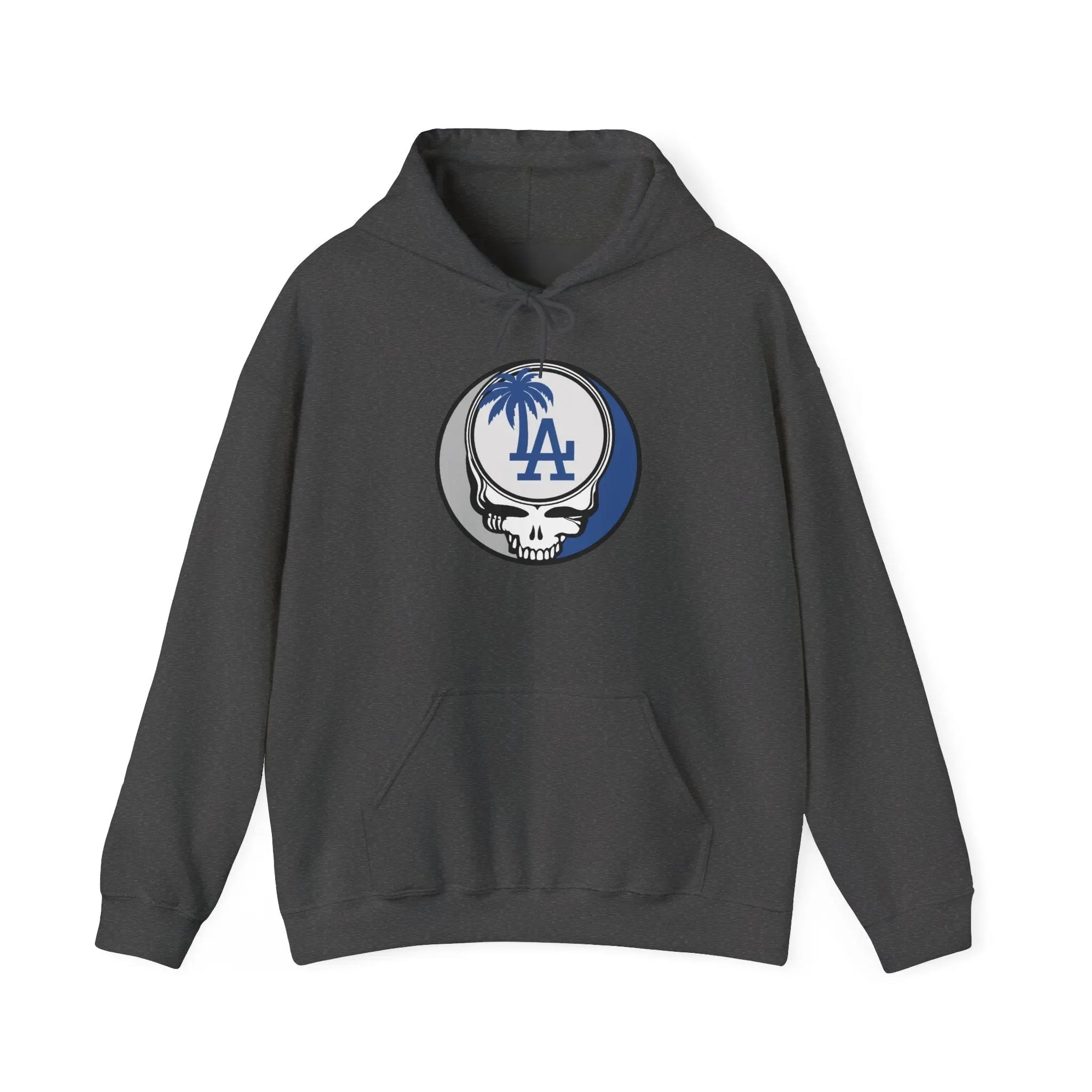 Los Angeles Dodgers charcoal hoodie, front LA Stealie logo, pullover with hood
