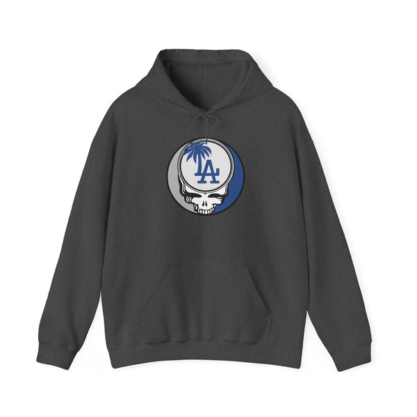 Los Angeles Dodgers charcoal hoodie, front LA Stealie logo, pullover with hood