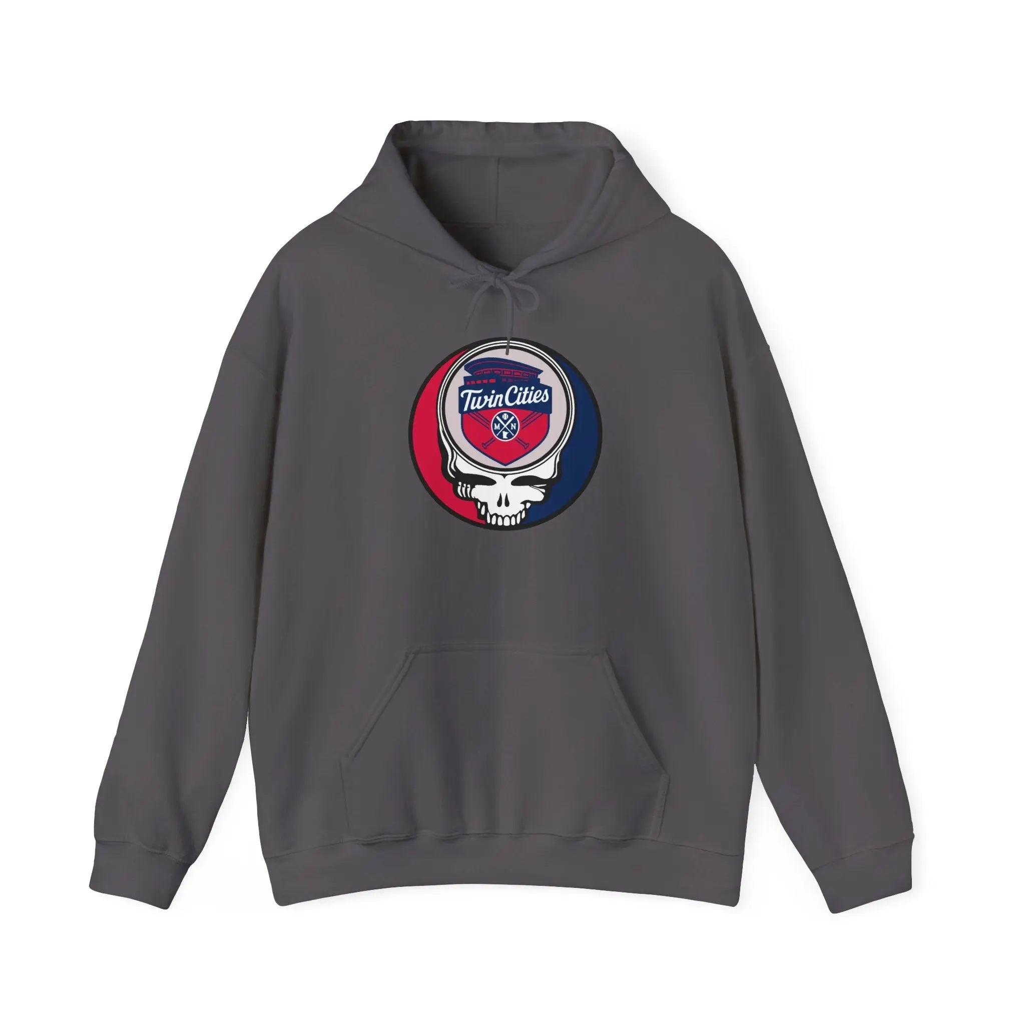 Charcoal pullover hoodie with hood, drawstring, front pocket, Twin Cities logo patch