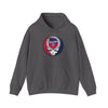 Charcoal pullover hoodie with hood, drawstring, front pocket, Twin Cities logo patch