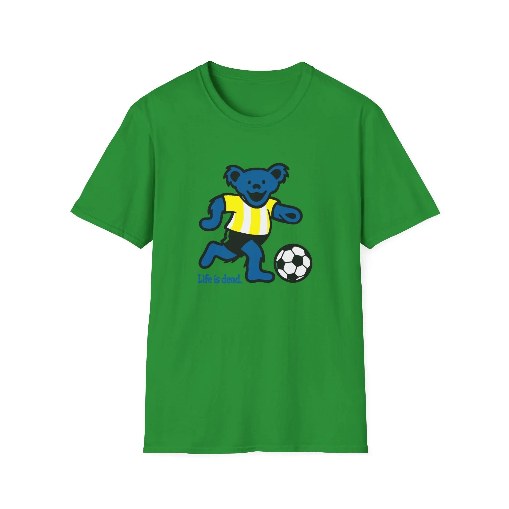 Irish green T-shirt with blue bear playing soccer and “Life is dead.” text
