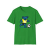 Irish green T-shirt with blue bear playing soccer and “Life is dead.” text