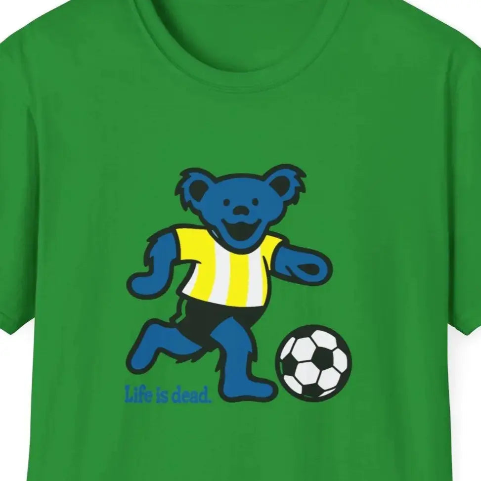 Green T-shirt with blue bear soccer graphic and “Life is dead.” print