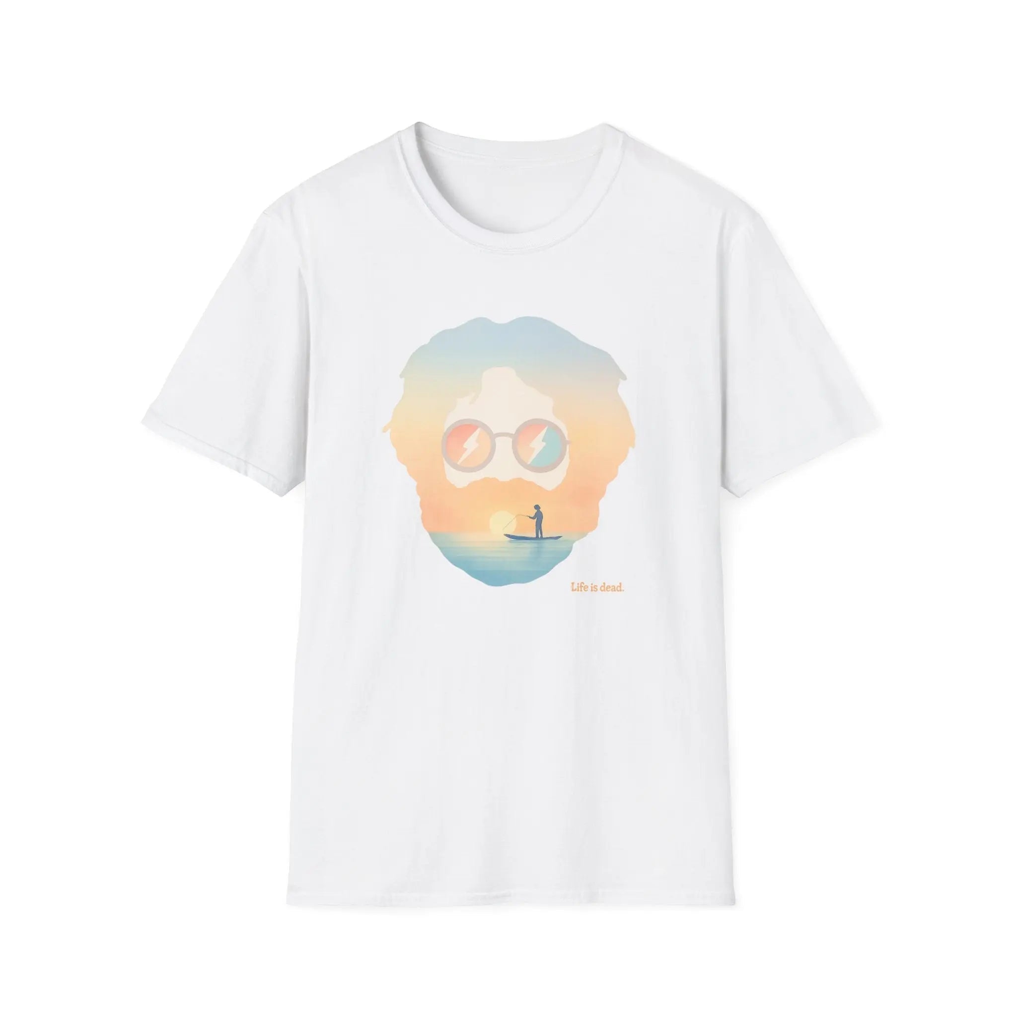 White crew-neck graphic T-shirt with portrait sunglasses and sunset beach scene print