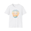White crew-neck graphic T-shirt with portrait sunglasses and sunset beach scene print