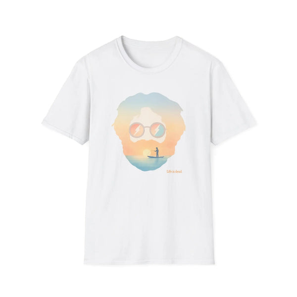 White crew-neck graphic T-shirt with portrait sunglasses and sunset beach scene print
