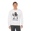 White crewneck sweatshirt on model, featuring cartoon graphic and "Life is dead"