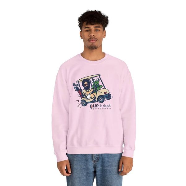 Light pink crewneck sweatshirt with front graphic print, long sleeves