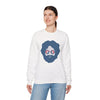 White crewneck sweatshirt with blue face graphic and sunglasses print
