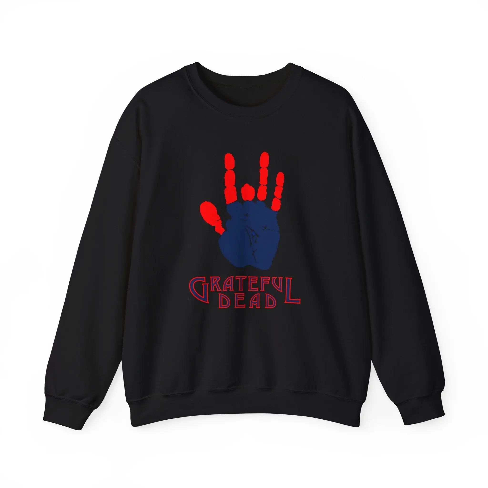 Black crewneck sweatshirt with red handprint and “Grateful Dead” text on chest