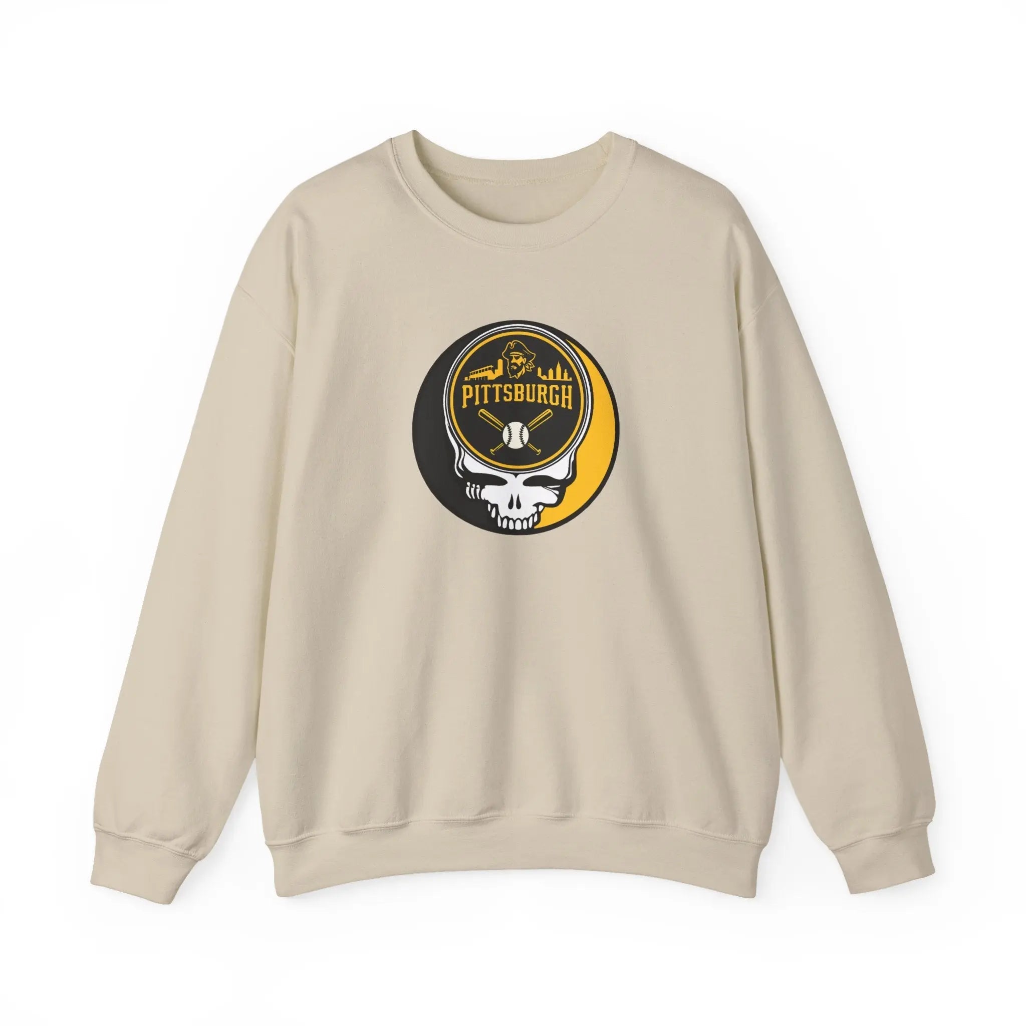 Sand crewneck sweatshirt with circular Pittsburgh logo and skull graphic on chest