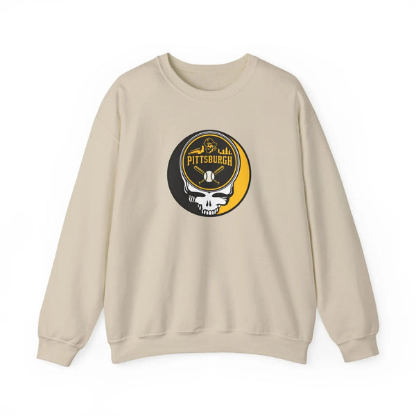Sand crewneck sweatshirt with circular Pittsburgh logo and skull graphic on chest