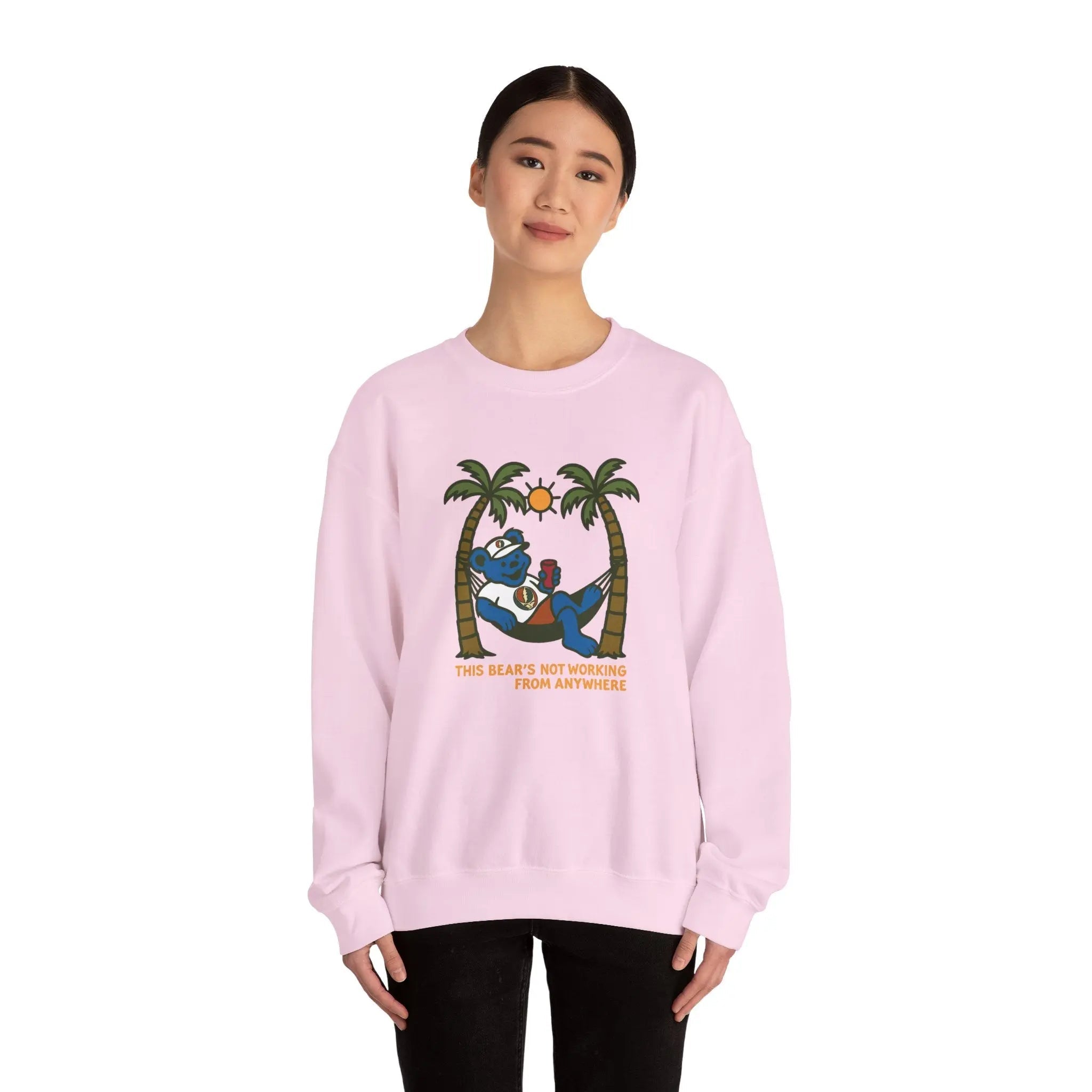 Light pink crewneck sweatshirt, front bear-and-palm graphic design