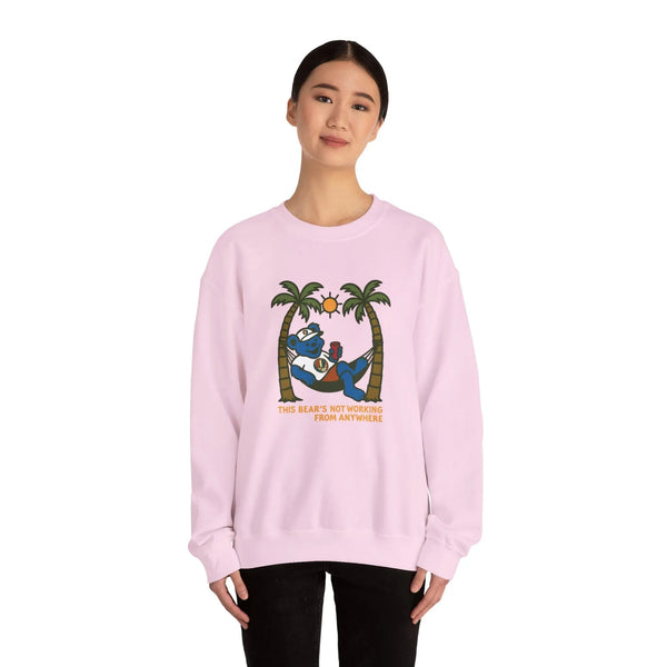 Light pink crewneck sweatshirt, front bear-and-palm graphic design