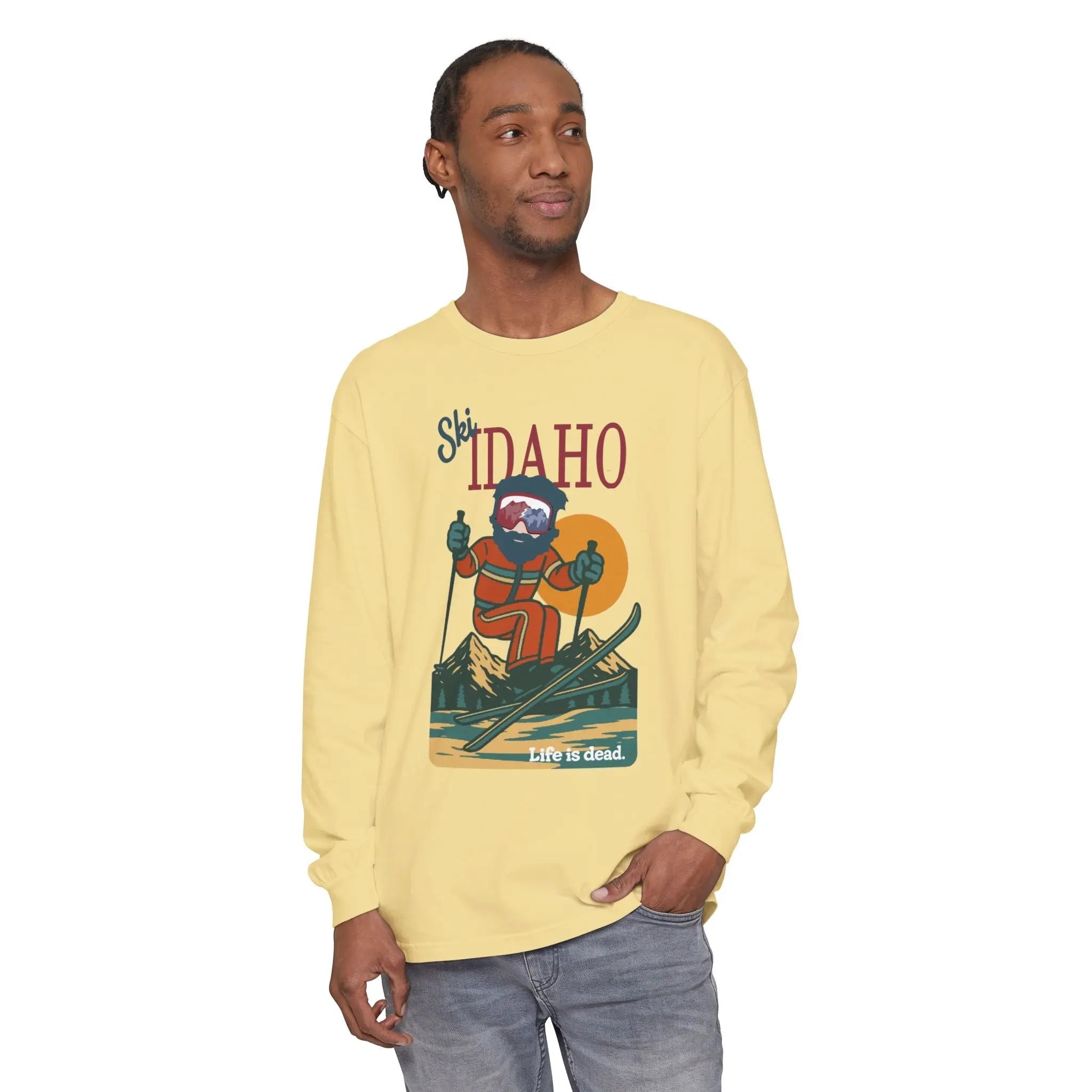 Men's long-sleeve graphic T-shirt in butter yellow with Idaho-style mountain print