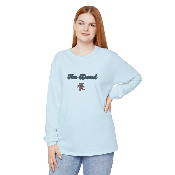 Chambray blue long-sleeve crewneck T-shirt with "One Dead" bear graphic