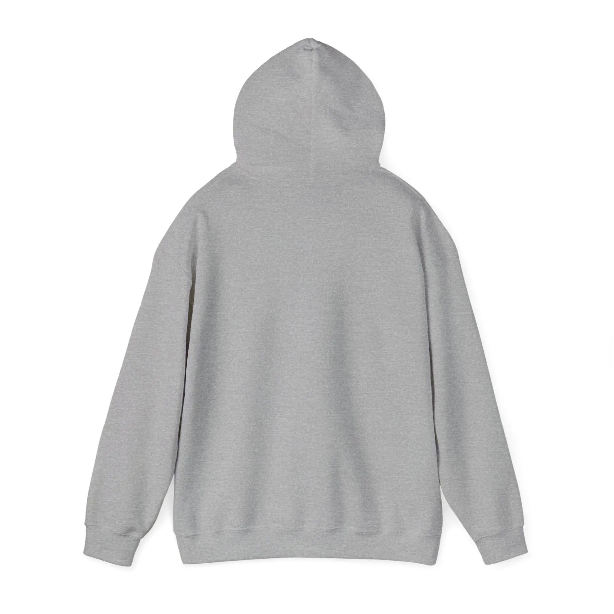 Heather gray bear hoodie, back view with drawstring hood