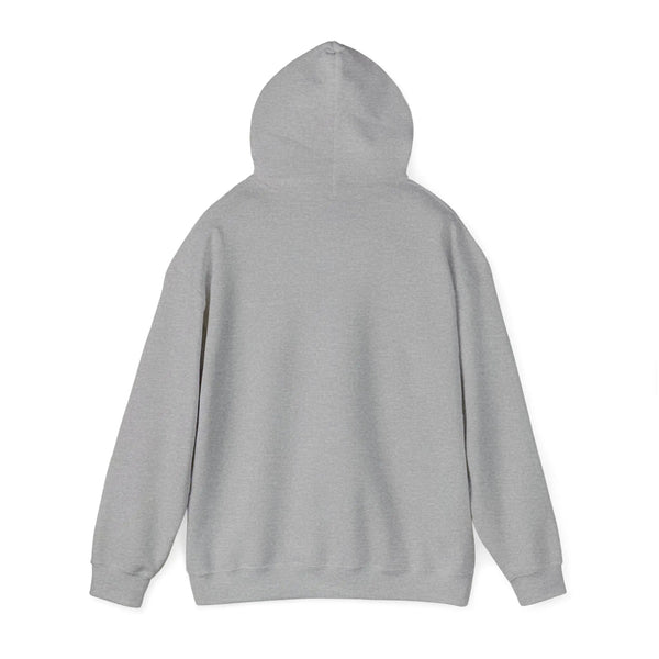 Heather gray bear hoodie, back view with drawstring hood
