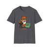 Charcoal gray T-shirt with cartoon bear grilling graphic and small text at bottom