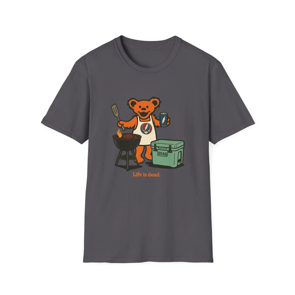 Charcoal gray T-shirt with cartoon bear grilling graphic and small text at bottom