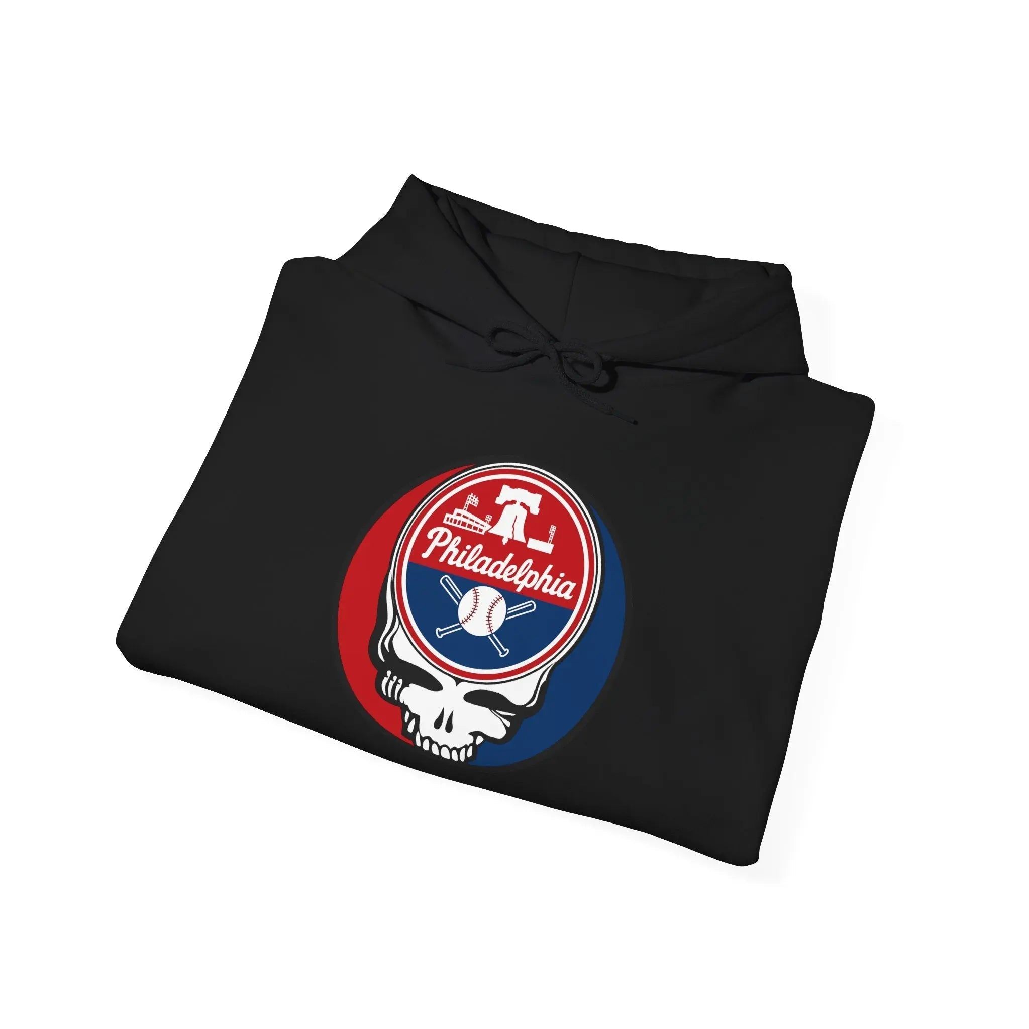 Black hoodie folded with front circular Philadelphia Phillies logo
