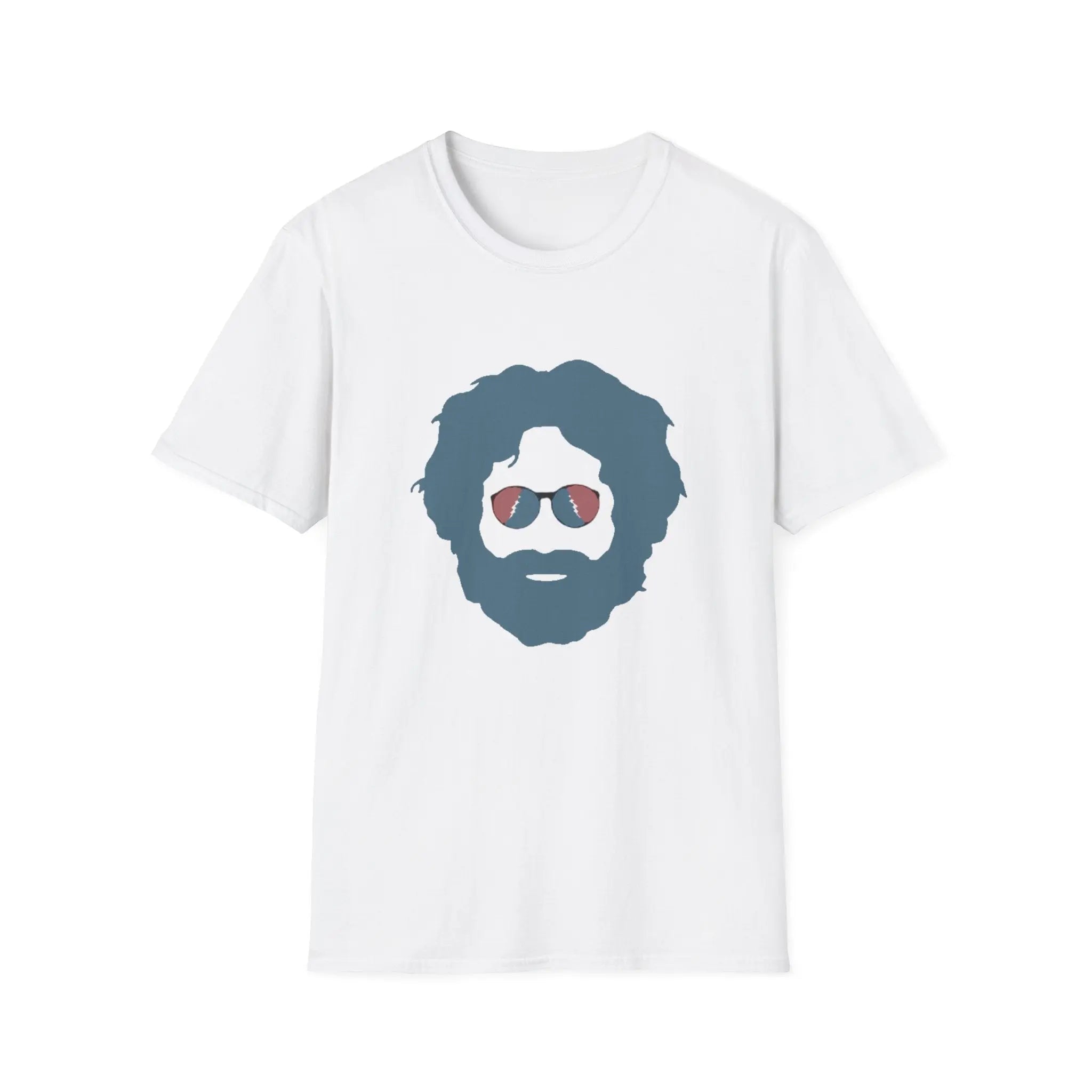 White T-shirt with centered blue bearded face and sunglasses print