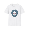 White T-shirt with centered blue bearded face and sunglasses print