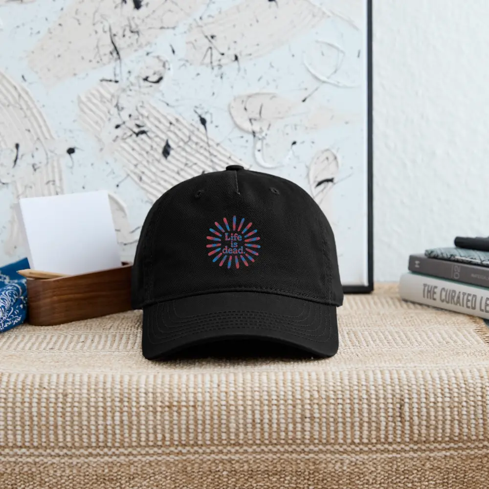 Black dad hat with Life is Dead rainbow sunburst logo on front