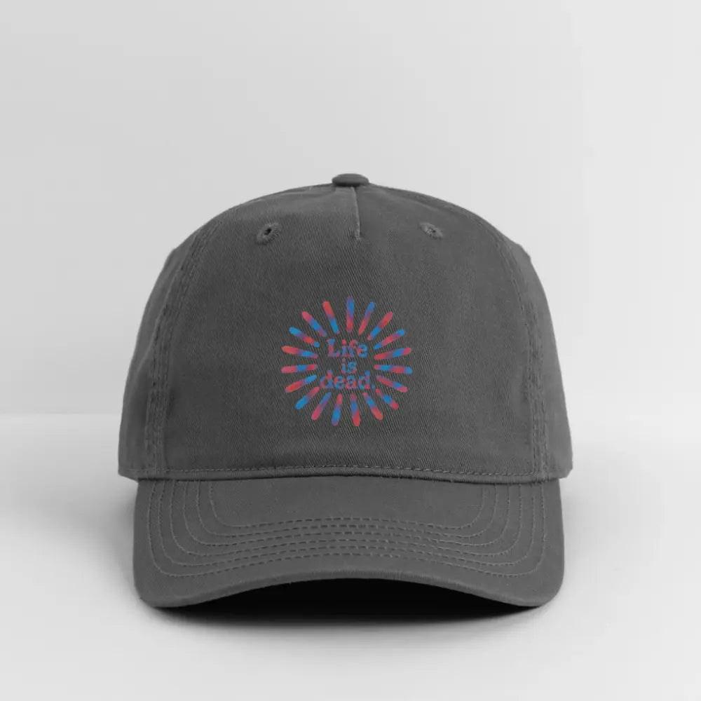 Dark gray dad hat with Life is Dead rainbow sunburst logo, curved brim