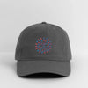 Dark gray dad hat with Life is Dead rainbow sunburst logo, curved brim