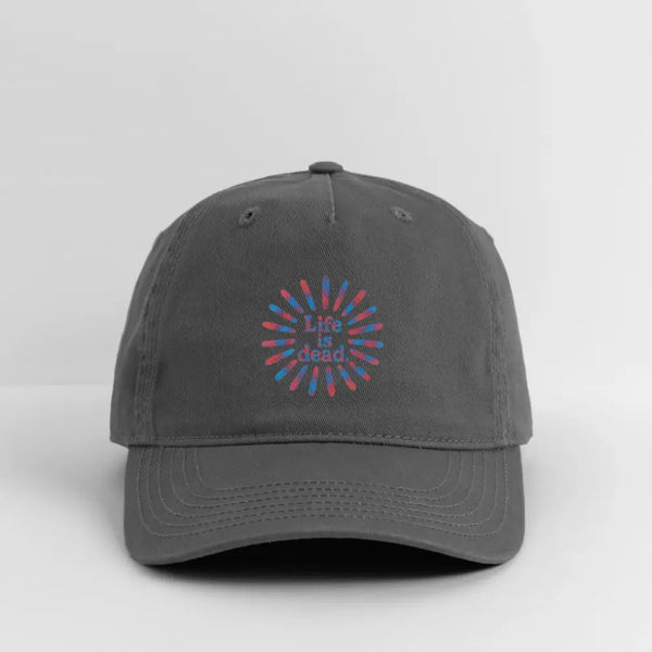 Dark gray dad hat with Life is Dead rainbow sunburst logo, curved brim