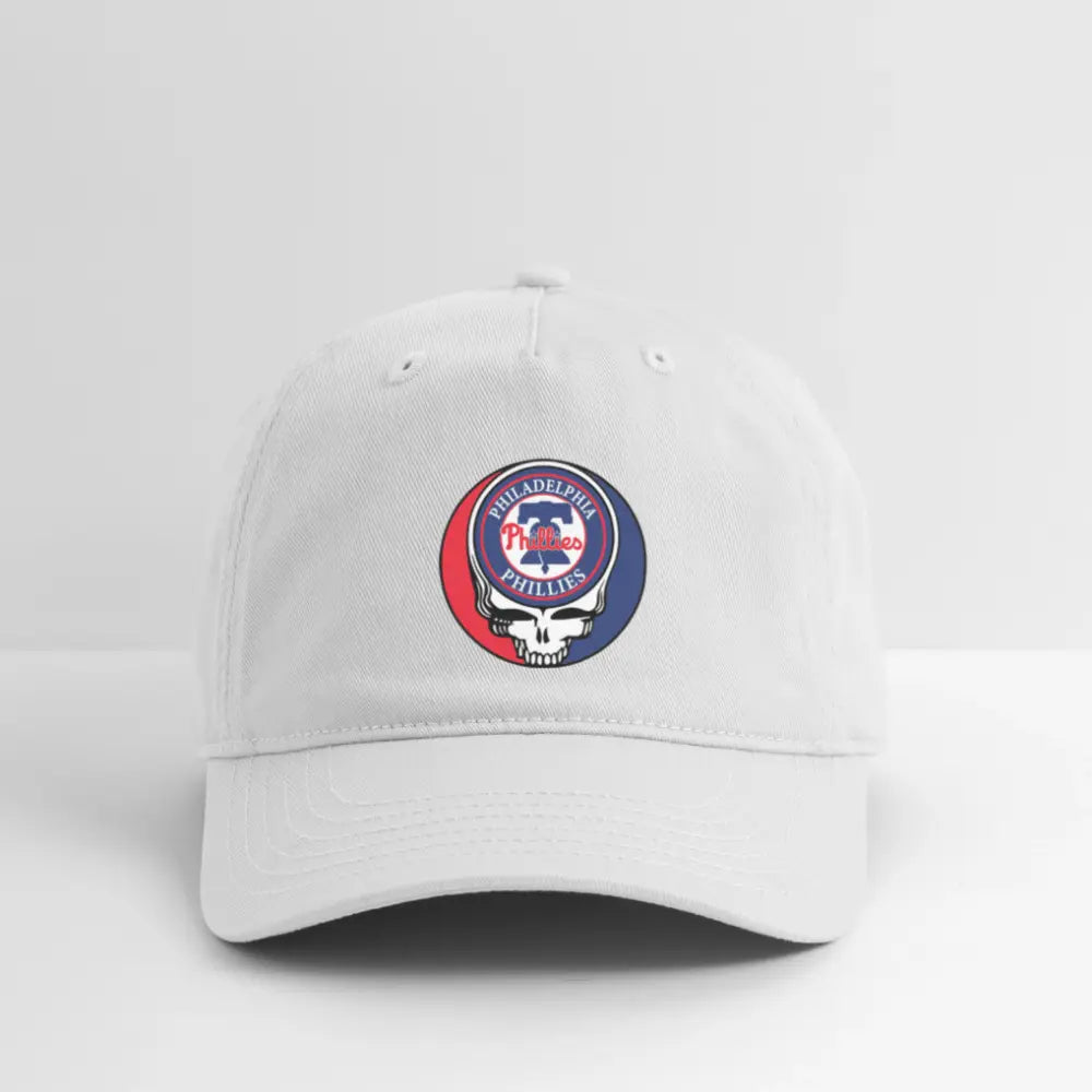 White dad hat with embroidered Philadelphia Phillies crest on front, curved brim