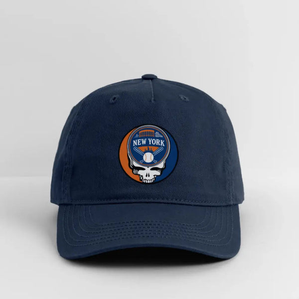 Navy dad hat with New York Mets logo patch on front