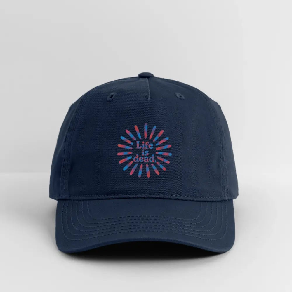 Navy dad hat with Life is Dead rainbow sunburst logo, curved brim