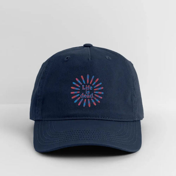 Navy dad hat with Life is Dead rainbow sunburst logo, curved brim