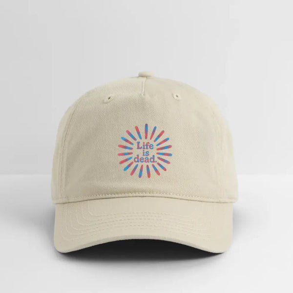 Khaki dad hat with Life is Dead rainbow sunburst logo, curved brim