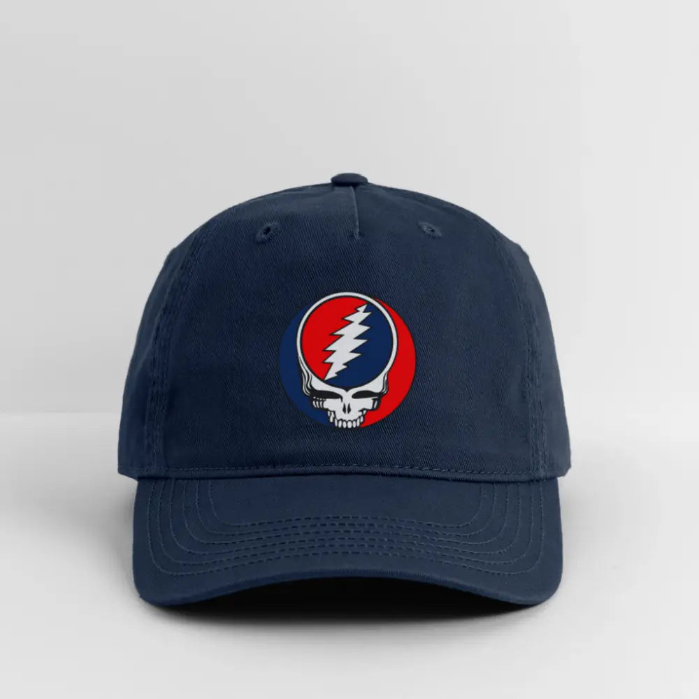 Navy dad hat with front embroidered lightning skull logo, curved brim