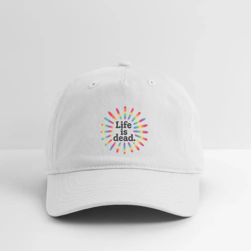 White dad hat with colorful tie-dye sunburst “Life is dead” logo