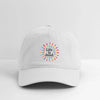 White dad hat with colorful tie-dye sunburst “Life is dead” logo